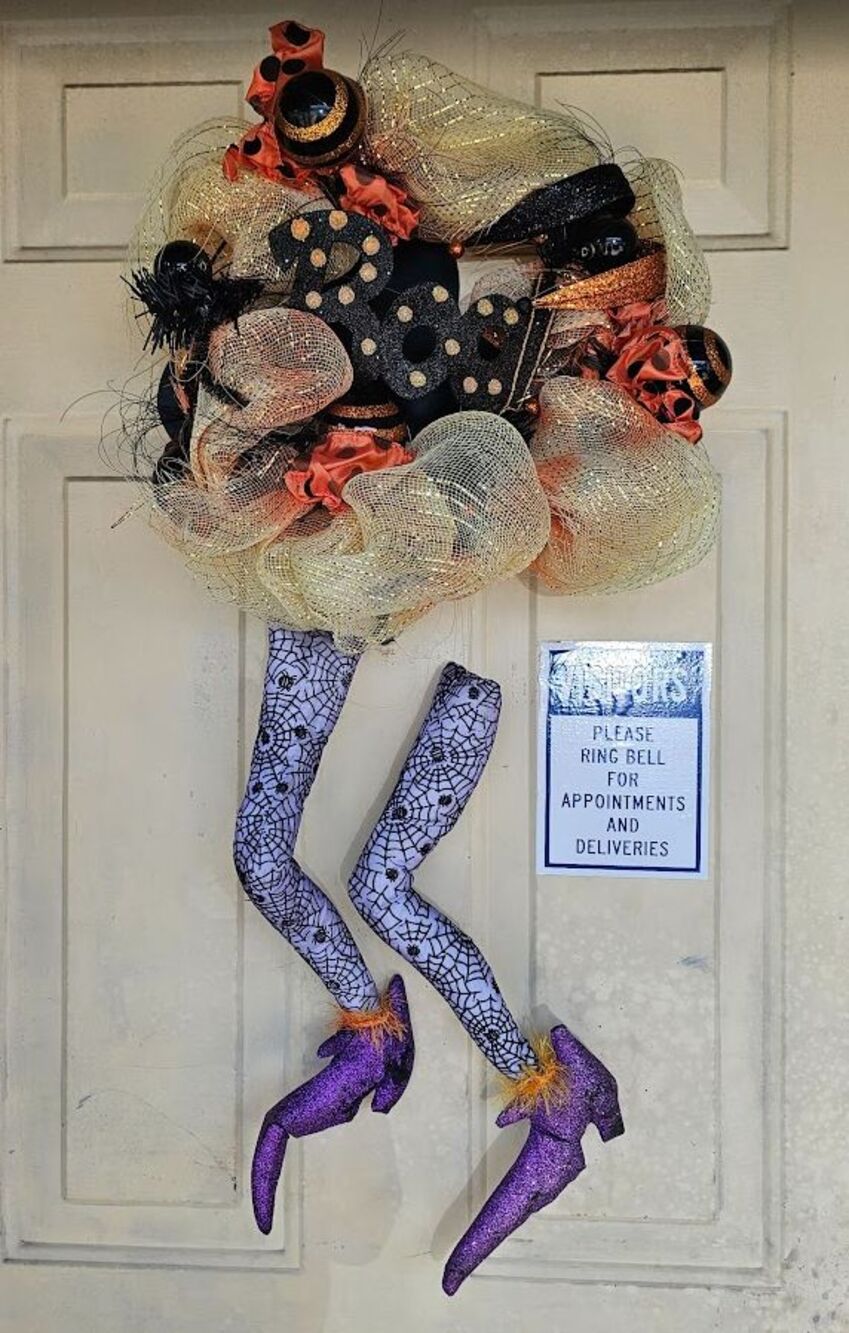 Artificial Halloween Witch Legs & Pumpkin Wreath Door Decor Black Orange Purple